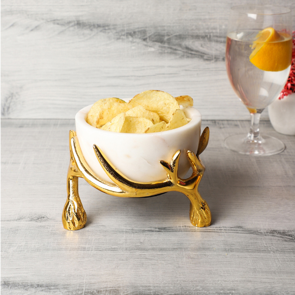 NikkisPride  White Marble  5 inch bowl with gold antler  stand